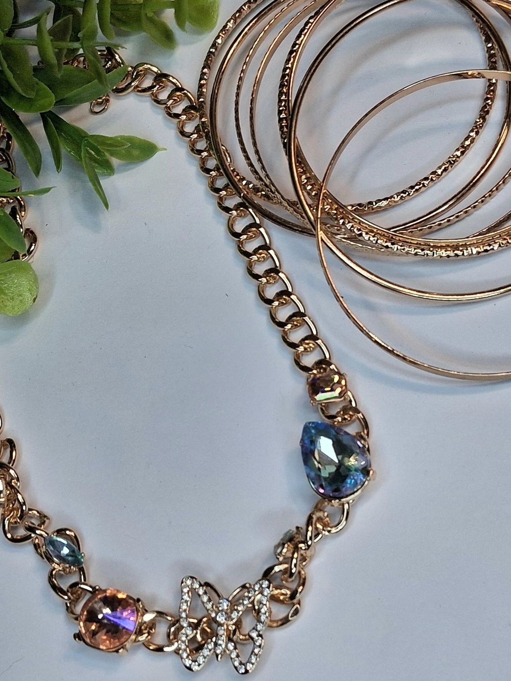 Gold-Tone Multi-color Crystal Butterfly Necklace And Bangle Bracelet Set